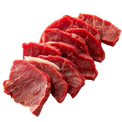 A pile of red meat is sliced into pieces on a transparent background.
