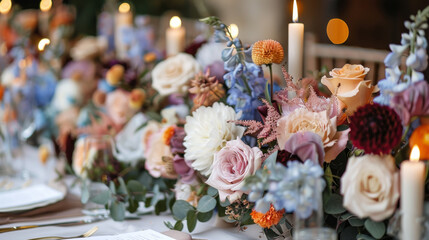 Fototapeta premium A rustic wedding table with small lamps and light foliage provides a floral arrangement that combines country style. colors are white, blue and purple with shades of burgundy and orange.