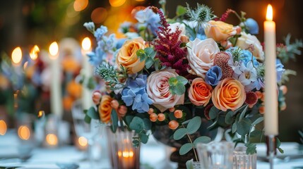 Naklejka premium A rustic wedding table with small lamps and light foliage provides a floral arrangement that combines country style. colors are white, blue and purple with shades of burgundy and orange.