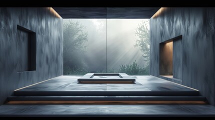modern room, gray tone, simple, dark, square platform on the center 