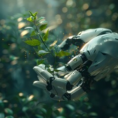 AI Robot Cultivating Plant in a Forest Setting