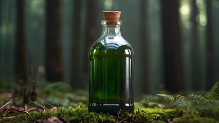 Natural organic products eco packaging glass bottle with cork stands on moss against the background of the forest