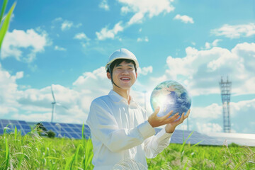 Engineer Smiling with Globe in Field