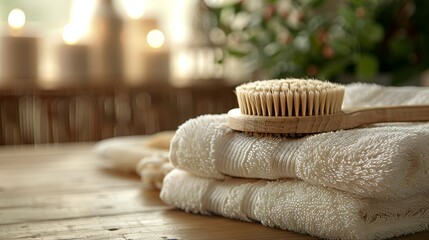 Spa scene with a dry brush and fresh towels, focus on the details, warm and inviting atmosphere, promoting smooth skin