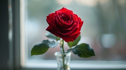 Ravishing red rose in a transparent glass vase, captured in close-up, with soft light enhancing the rich color and delicate form of the petals