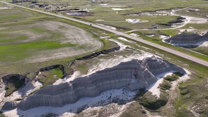 Badlands South Dakota with eroding mountain showing sedimentation layers that are millions of years old when there was once an inland sea