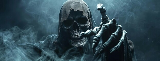 Close-up shot of a grim reaper, skeletal hand reaching towards the camera, dark misty background, ample copy space, photorealistic digital art