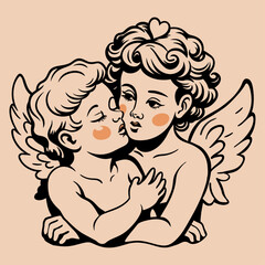 One cupid kisses the other on the cheek. Angels for valentines day, Isolated cupids in engraving style. Vector illustration. 