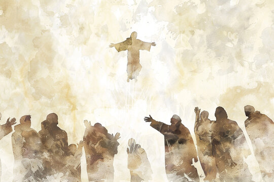 Ascension of Jesus Christ, abstract background with silhouettes of Christ and disciples on the mountain. Christ illustration for gospel publications - Powered by Adobe