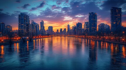 Fototapeta premium City Sunset Skyline with Reflections on the Water