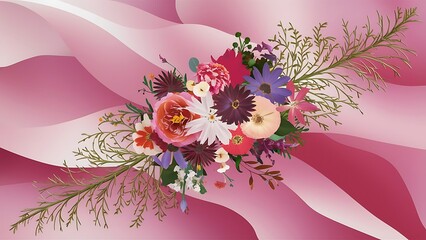 Top view image of flowers composition over pink pastel background