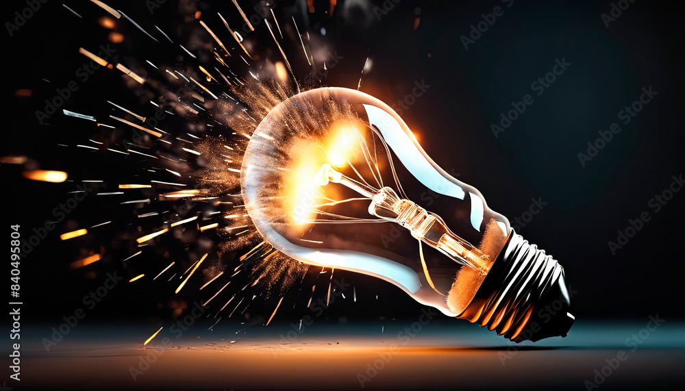 Wall mural Exploding light bulb concept on dark background.