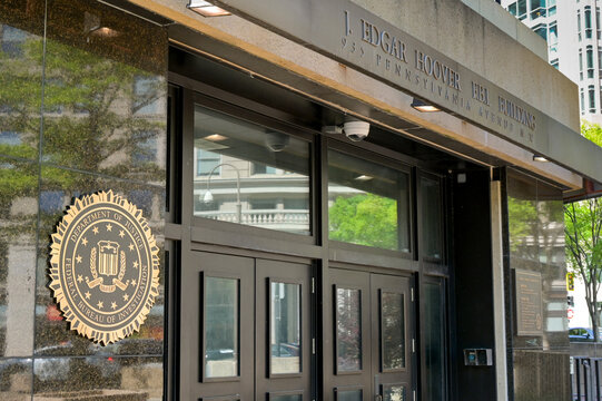 Washington DC, USA - 2 May 2024: Entrance to the headquarters of the FBI in the J Edgar Hoover building in downtown Washington DC