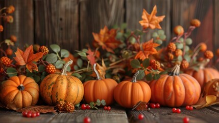 Copy space for text, autumn mock-up  with a charming scene featuring rustic decor crafted from pumpkins, berries, and leaves arranged on a wooden background.