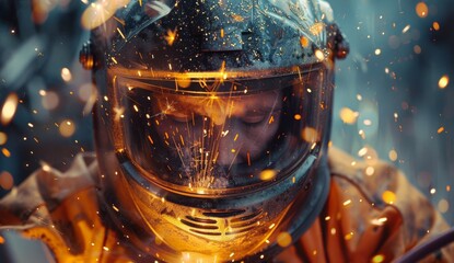 Close Up of a Welder Wearing a Helmet With Sparks Flying
