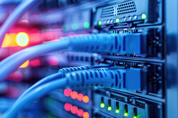 Naklejka premium network cables and glowing server lights in a data center