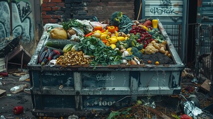 Food in perfect state in a dumpster, representing food waste