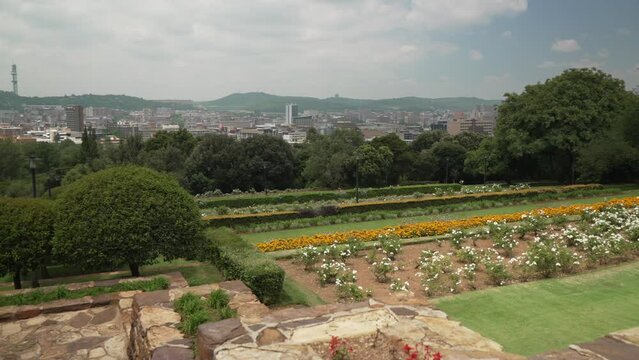 View of cannon, Pretoria city skyline and Union Building Gardens from Union Buildings, Pretoria Central, Pretoria, South Africa, Africa