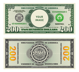 Vector highly detailed fictional beautiful 200 US dollar banknote. Obverse and reverse of American bill with guilloche patterns. Empty circle in center. Sample, your image. Two hundred dollars.