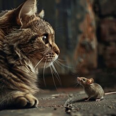 Feline Companion and Mouse in a Close-Up