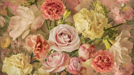 Floral background with vintage style colors roses carnations lisianthus