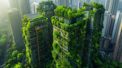 Obraz premium A cityscape with three tall buildings covered in green plants
