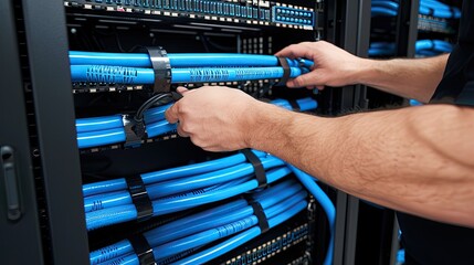 A young male technician working in a data center, connecting blue cables to a network switch on the wall.