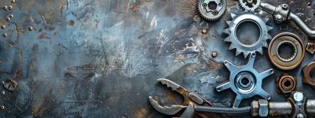 engineering plumbing fixing and repair services banner. metal background of mechanical tools and pipes of cogs and wheels and wrench bolts