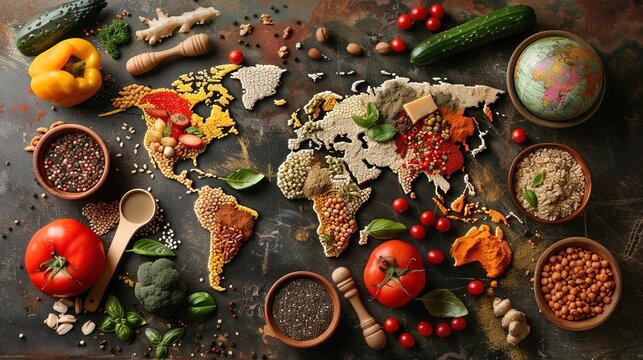 Diverse range of global cuisines. Top view of world map made of food ingredients and vegetables