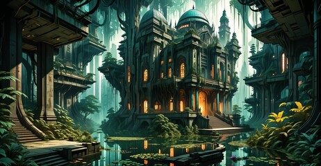 Fototapeta premium gothic baroque city monument building in forest island marsh wetland swamp in summer. cyberpunk goth palace castle tower surrounded by water and overgrowth nature landscape.