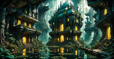 gothic baroque city monument building in forest island marsh wetland swamp in summer. cyberpunk goth palace castle tower surrounded by water and overgrowth nature landscape.