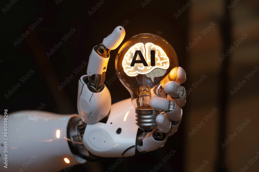 Poster artificial intelligence robot hand holding a light bulb with brain and the word ai on it, technology