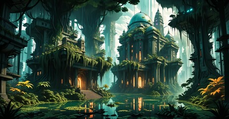 Fototapeta premium gothic baroque city monument building in forest island marsh wetland swamp in summer. cyberpunk goth palace castle tower surrounded by water and overgrowth nature landscape.
