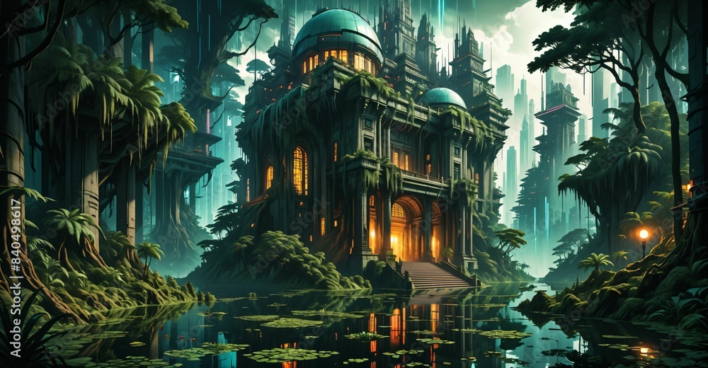 Poster gothic baroque city monument building in forest island marsh wetland swamp in summer. cyberpunk goth palace castle tower surrounded by water and overgrowth nature landscape.