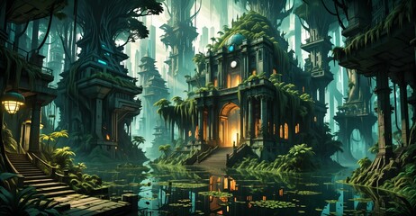 Fototapeta premium gothic baroque city monument building in forest island marsh wetland swamp in summer. cyberpunk goth palace castle tower surrounded by water and overgrowth nature landscape.