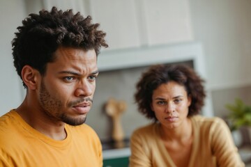 Obraz premium Portrait of sad Afro man and sad Afro woman are sitting in a kitchen, conflict, domestic and sexual problems in the family