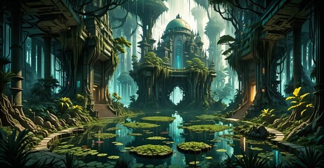 Obraz premium gothic baroque city monument building in forest island marsh wetland swamp in summer. cyberpunk goth palace castle tower surrounded by water and overgrowth nature landscape.