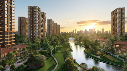 Naklejka premium A city with a river running through it and a large park