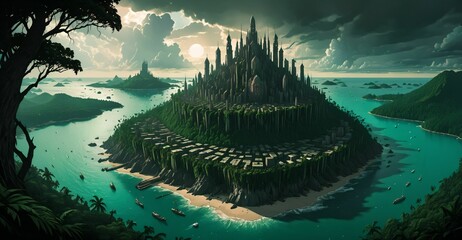 gothic cyberpunk city base island forest surrounded by ocean sea water. goth futuristic sci-fi town with tropical forest trees landscape.