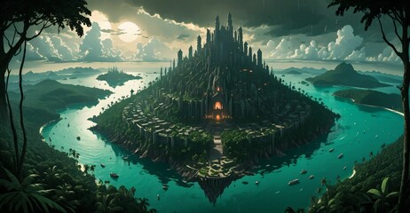 gothic cyberpunk city base island forest surrounded by ocean sea water. goth futuristic sci-fi town with tropical forest trees landscape.
