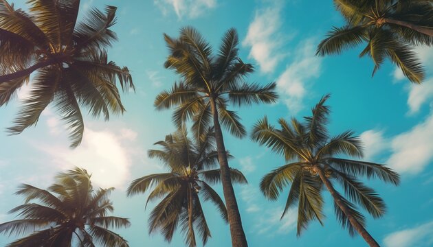 palme fotografate dal basso, Fronde delle palme nell'azzurro del cielo