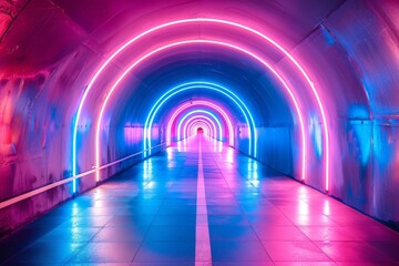 Vivid Neon Tunnel: Illuminated Walkway with Futuristic Lighting