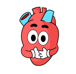 Illustration of a cartoon heart organ with a funny expression, a health mascot. isolated on white