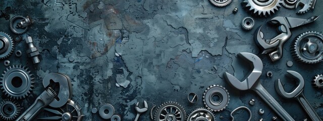 engineering plumbing fixing and repair services banner. metal background of mechanical tools and pipes of cogs and wheels and wrench bolts