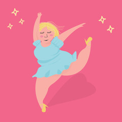 Happy Plus-Size Ballerina with Blonde Hair on Pink Background