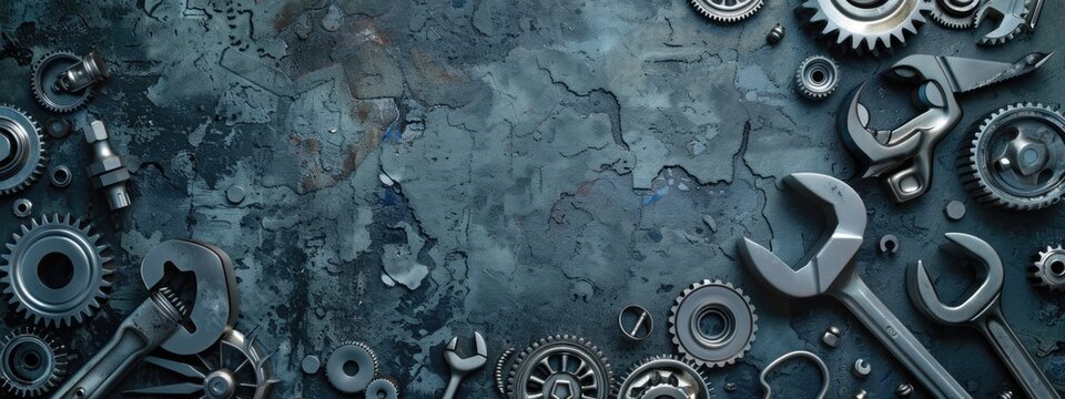 engineering plumbing fixing and repair services banner. metal background of mechanical tools and pipes of cogs and wheels and wrench bolts
