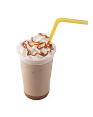 cold brew iced coffee with whipped cream caramel topping and dulce de leche isolated with straw top view
