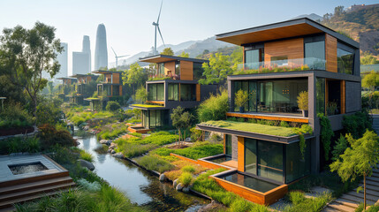 Obraz premium A row of houses with a river running through them