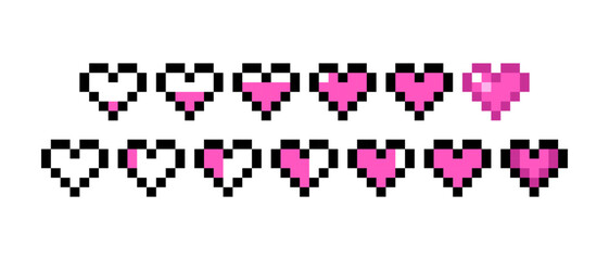 Pink pixel hearts set on white background. Health bar retro pixel game concept. 8-Bit game pixel graphics. Different hearts collection. Vector illustration