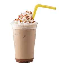 cold brew iced coffee with whipped cream caramel topping and dulce de leche isolated with straw